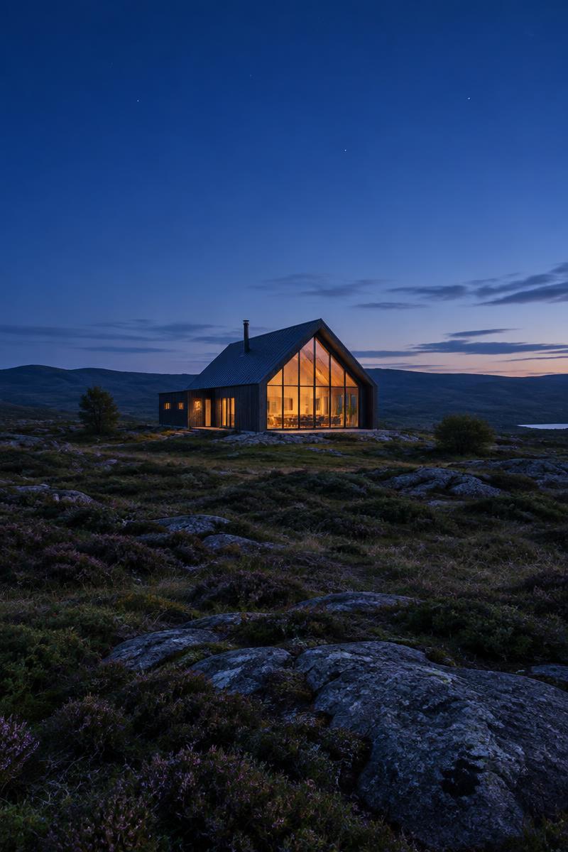 Casa de madera oscura al anochecer en paisaje rocoso, con el salón iluminado