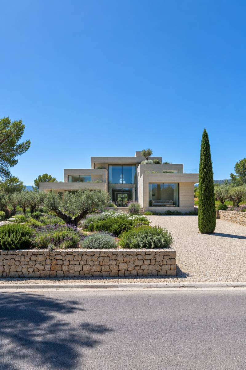 Vivienda contemporánea de piedra clara con jardín mediterráneo al mediodía
