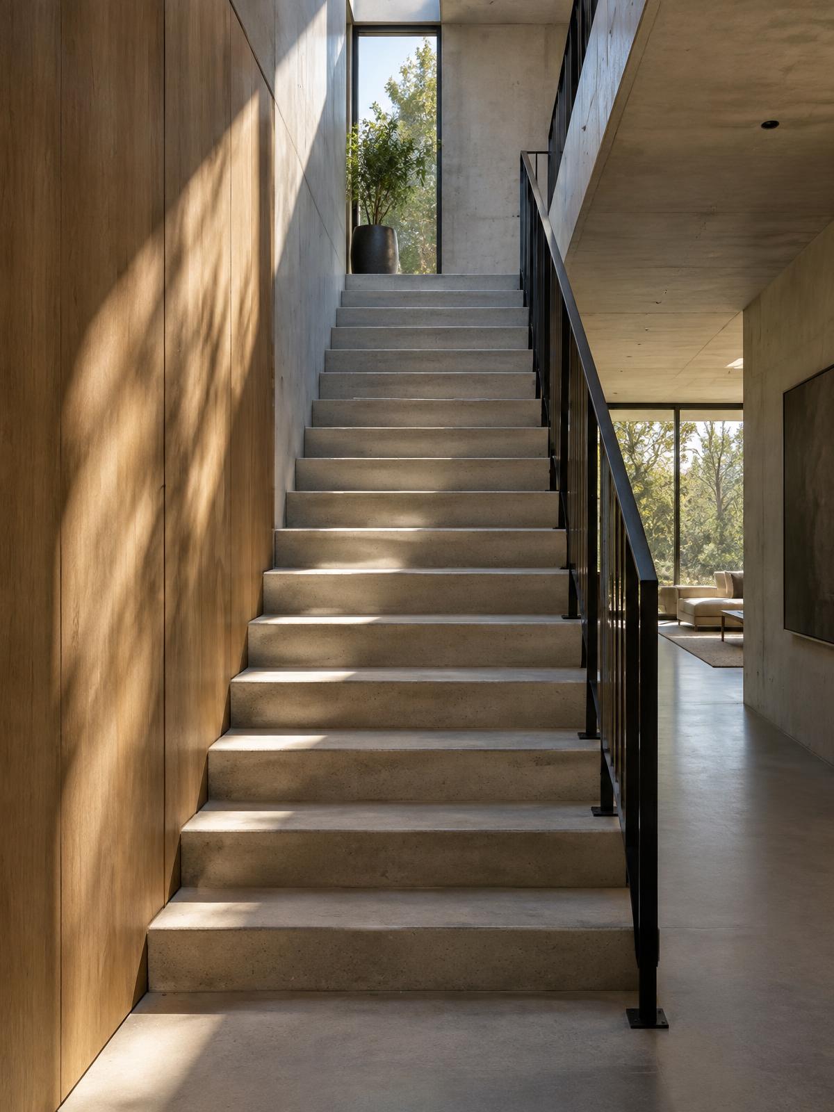Escalera escultórica de hormigón bañada por luz natural