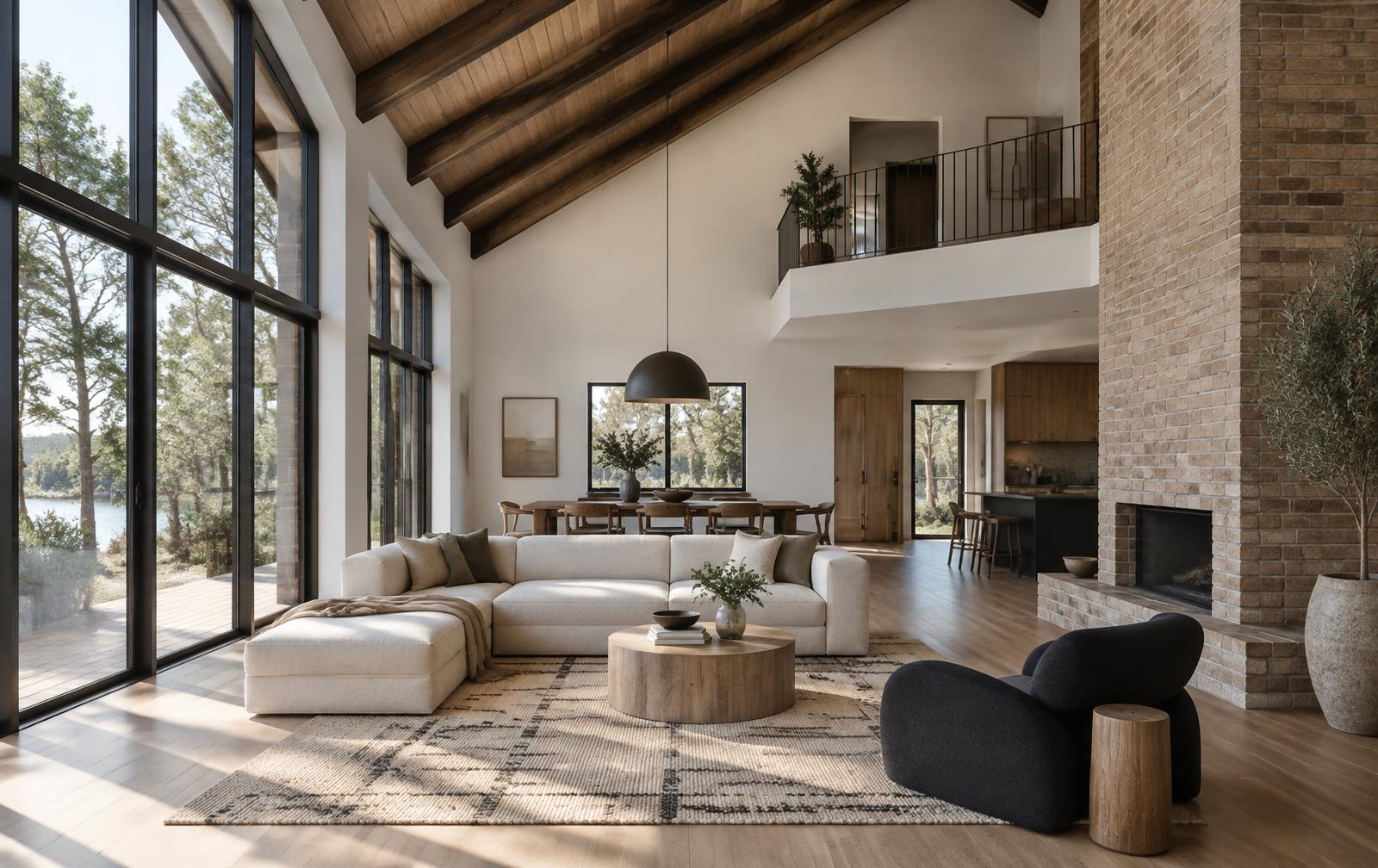 Interior de casa contemporánea con cubierta de madera, ventanales y salón abierto